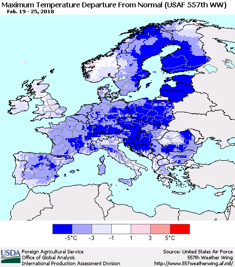 Europe Mean Maximum Temperature Departure from Normal (USAF 557th WW) Thematic Map For 2/19/2018 - 2/25/2018