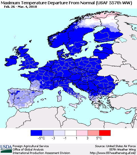 Europe Mean Maximum Temperature Departure from Normal (USAF 557th WW) Thematic Map For 2/26/2018 - 3/4/2018