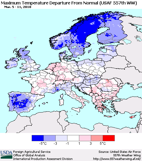 Europe Mean Maximum Temperature Departure from Normal (USAF 557th WW) Thematic Map For 3/5/2018 - 3/11/2018