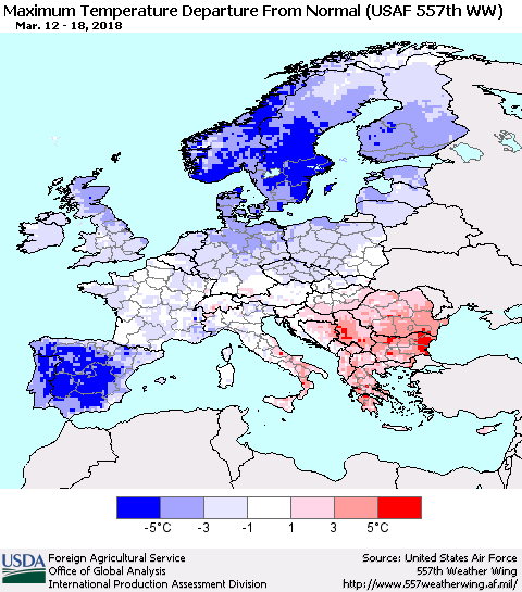Europe Mean Maximum Temperature Departure from Normal (USAF 557th WW) Thematic Map For 3/12/2018 - 3/18/2018