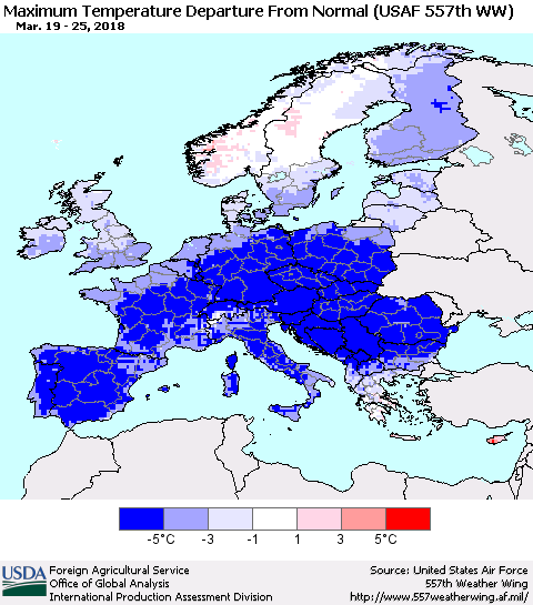 Europe Mean Maximum Temperature Departure from Normal (USAF 557th WW) Thematic Map For 3/19/2018 - 3/25/2018