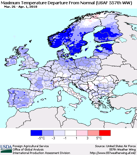 Europe Mean Maximum Temperature Departure from Normal (USAF 557th WW) Thematic Map For 3/26/2018 - 4/1/2018
