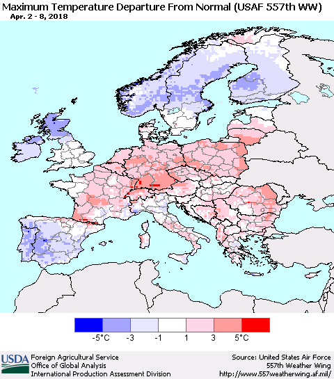 Europe Mean Maximum Temperature Departure from Normal (USAF 557th WW) Thematic Map For 4/2/2018 - 4/8/2018