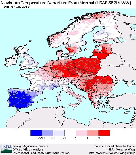 Europe Mean Maximum Temperature Departure from Normal (USAF 557th WW) Thematic Map For 4/9/2018 - 4/15/2018