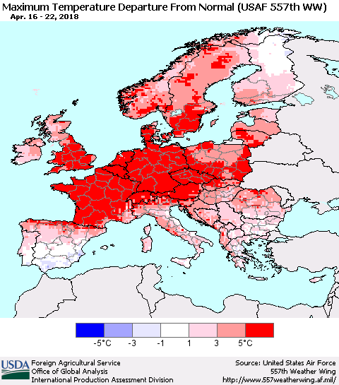Europe Mean Maximum Temperature Departure from Normal (USAF 557th WW) Thematic Map For 4/16/2018 - 4/22/2018