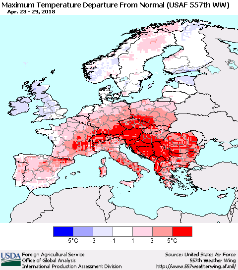 Europe Mean Maximum Temperature Departure from Normal (USAF 557th WW) Thematic Map For 4/23/2018 - 4/29/2018