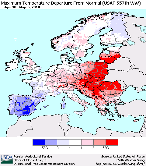Europe Mean Maximum Temperature Departure from Normal (USAF 557th WW) Thematic Map For 4/30/2018 - 5/6/2018