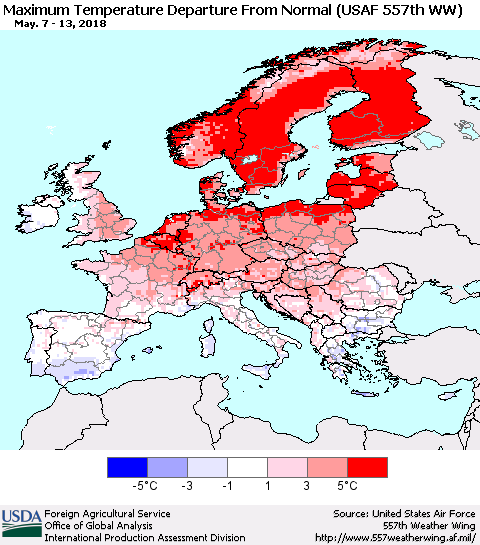 Europe Mean Maximum Temperature Departure from Normal (USAF 557th WW) Thematic Map For 5/7/2018 - 5/13/2018