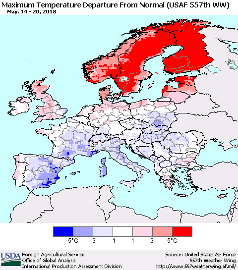 Europe Mean Maximum Temperature Departure from Normal (USAF 557th WW) Thematic Map For 5/14/2018 - 5/20/2018