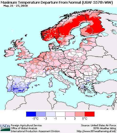 Europe Mean Maximum Temperature Departure from Normal (USAF 557th WW) Thematic Map For 5/21/2018 - 5/27/2018