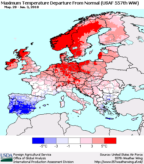 Europe Mean Maximum Temperature Departure from Normal (USAF 557th WW) Thematic Map For 5/28/2018 - 6/3/2018