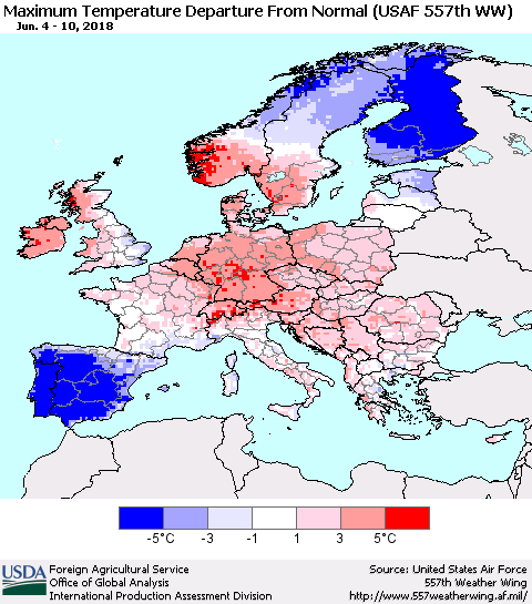 Europe Mean Maximum Temperature Departure from Normal (USAF 557th WW) Thematic Map For 6/4/2018 - 6/10/2018