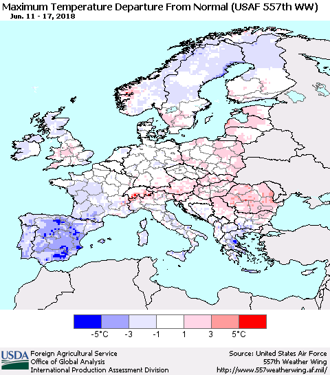 Europe Mean Maximum Temperature Departure from Normal (USAF 557th WW) Thematic Map For 6/11/2018 - 6/17/2018