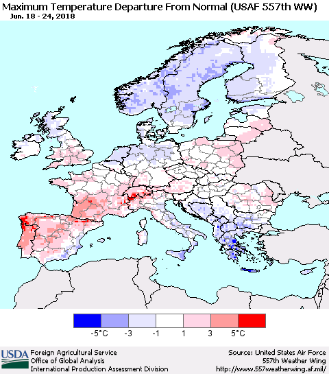Europe Mean Maximum Temperature Departure from Normal (USAF 557th WW) Thematic Map For 6/18/2018 - 6/24/2018