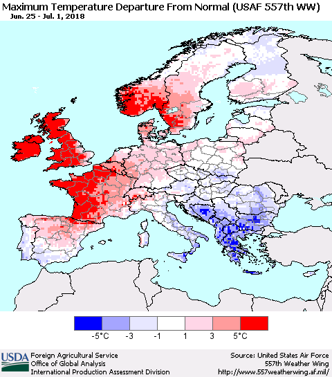 Europe Mean Maximum Temperature Departure from Normal (USAF 557th WW) Thematic Map For 6/25/2018 - 7/1/2018