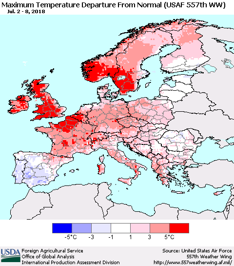 Europe Mean Maximum Temperature Departure from Normal (USAF 557th WW) Thematic Map For 7/2/2018 - 7/8/2018
