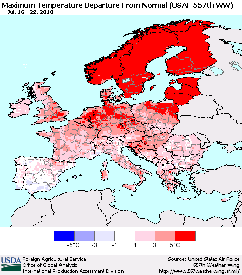 Europe Mean Maximum Temperature Departure from Normal (USAF 557th WW) Thematic Map For 7/16/2018 - 7/22/2018