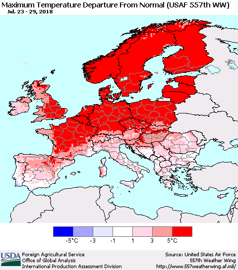 Europe Mean Maximum Temperature Departure from Normal (USAF 557th WW) Thematic Map For 7/23/2018 - 7/29/2018