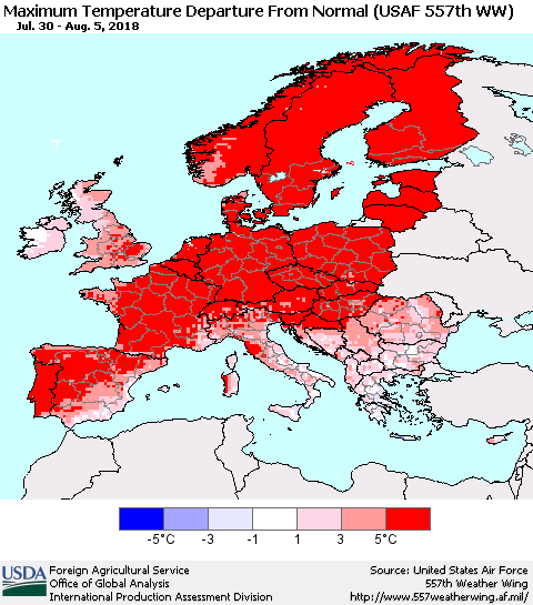 Europe Mean Maximum Temperature Departure from Normal (USAF 557th WW) Thematic Map For 7/30/2018 - 8/5/2018