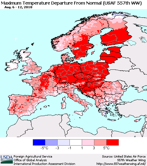 Europe Mean Maximum Temperature Departure from Normal (USAF 557th WW) Thematic Map For 8/6/2018 - 8/12/2018