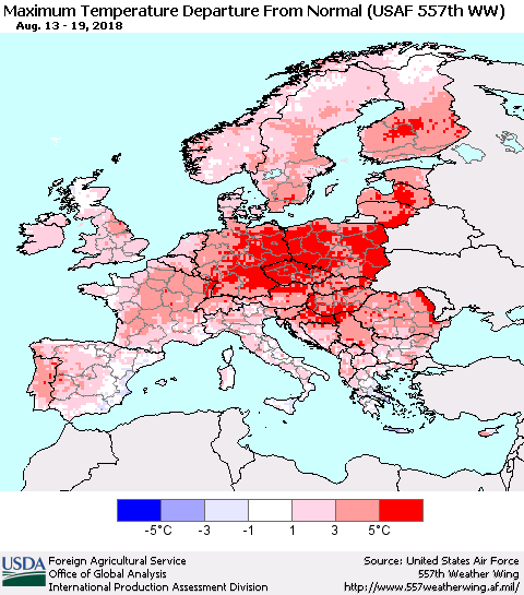 Europe Mean Maximum Temperature Departure from Normal (USAF 557th WW) Thematic Map For 8/13/2018 - 8/19/2018