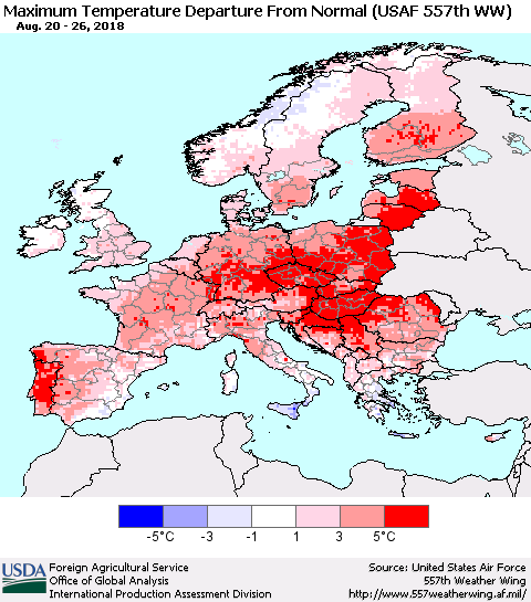Europe Mean Maximum Temperature Departure from Normal (USAF 557th WW) Thematic Map For 8/20/2018 - 8/26/2018