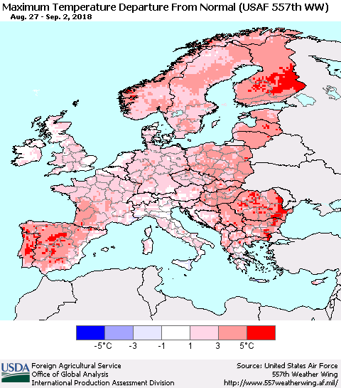Europe Mean Maximum Temperature Departure from Normal (USAF 557th WW) Thematic Map For 8/27/2018 - 9/2/2018