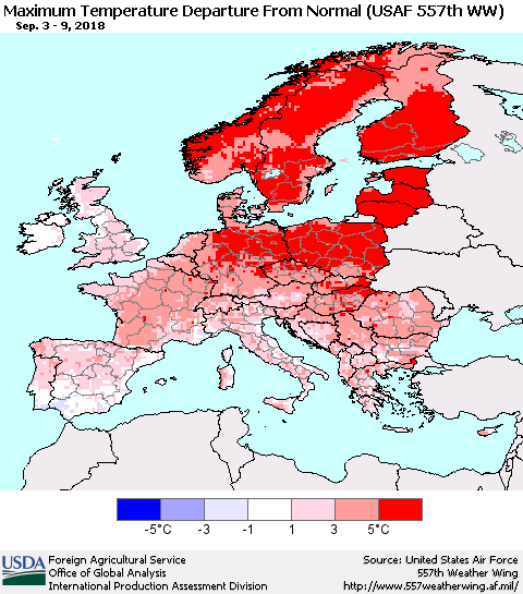 Europe Mean Maximum Temperature Departure from Normal (USAF 557th WW) Thematic Map For 9/3/2018 - 9/9/2018