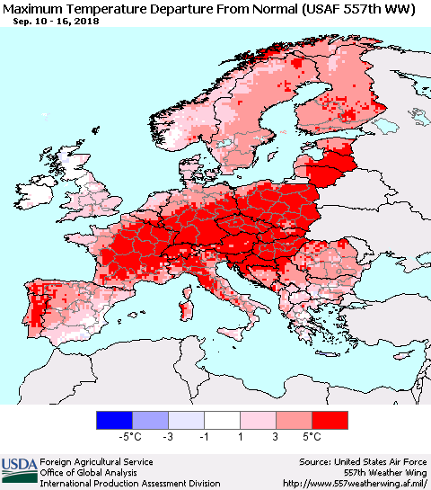 Europe Mean Maximum Temperature Departure from Normal (USAF 557th WW) Thematic Map For 9/10/2018 - 9/16/2018
