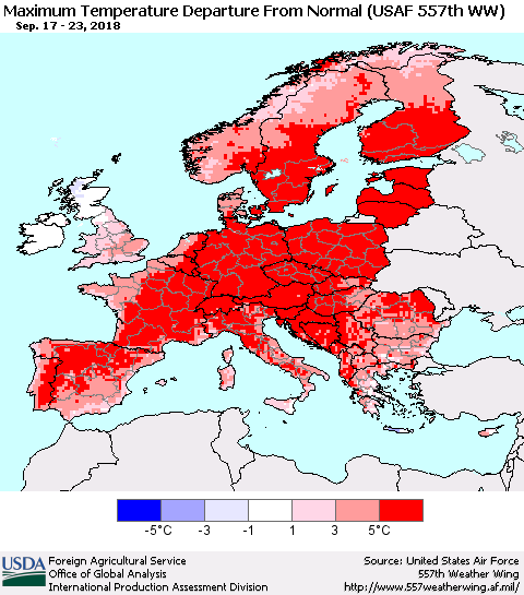Europe Mean Maximum Temperature Departure from Normal (USAF 557th WW) Thematic Map For 9/17/2018 - 9/23/2018