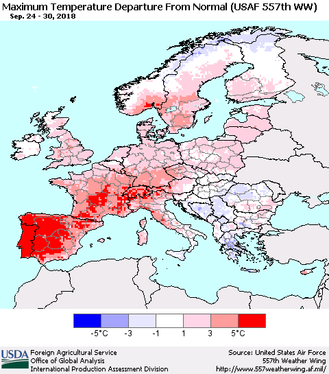Europe Mean Maximum Temperature Departure from Normal (USAF 557th WW) Thematic Map For 9/24/2018 - 9/30/2018