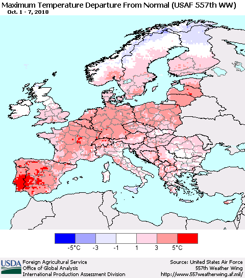 Europe Mean Maximum Temperature Departure from Normal (USAF 557th WW) Thematic Map For 10/1/2018 - 10/7/2018
