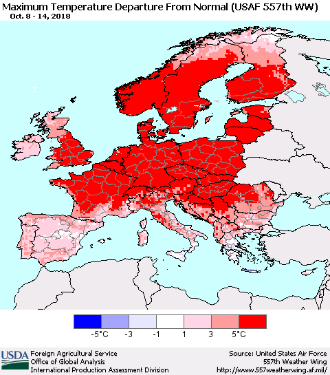 Europe Mean Maximum Temperature Departure from Normal (USAF 557th WW) Thematic Map For 10/8/2018 - 10/14/2018