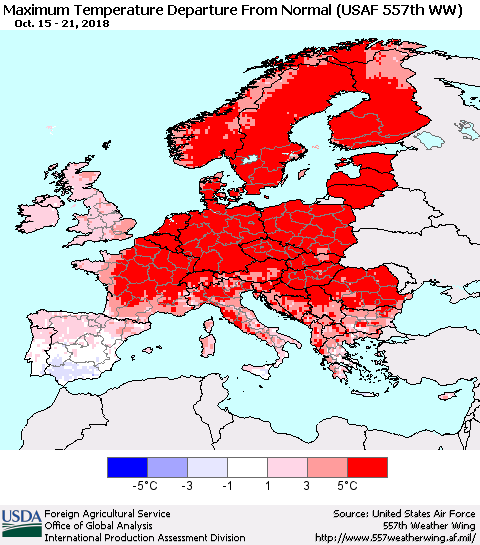 Europe Mean Maximum Temperature Departure from Normal (USAF 557th WW) Thematic Map For 10/15/2018 - 10/21/2018