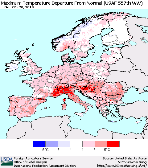 Europe Mean Maximum Temperature Departure from Normal (USAF 557th WW) Thematic Map For 10/22/2018 - 10/28/2018