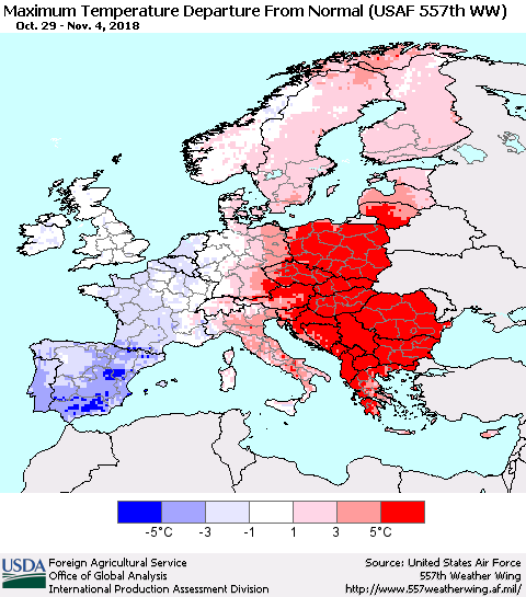 Europe Mean Maximum Temperature Departure from Normal (USAF 557th WW) Thematic Map For 10/29/2018 - 11/4/2018