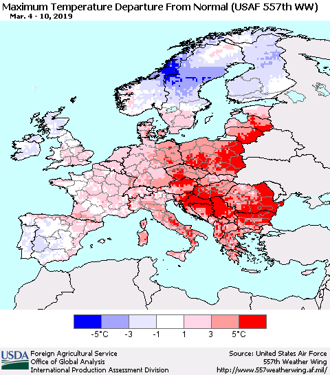 Europe Mean Maximum Temperature Departure from Normal (USAF 557th WW) Thematic Map For 3/4/2019 - 3/10/2019