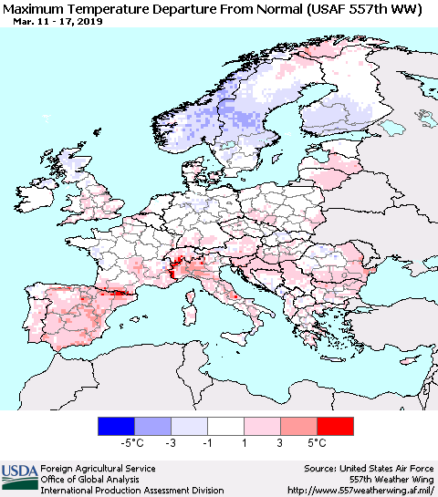 Europe Mean Maximum Temperature Departure from Normal (USAF 557th WW) Thematic Map For 3/11/2019 - 3/17/2019