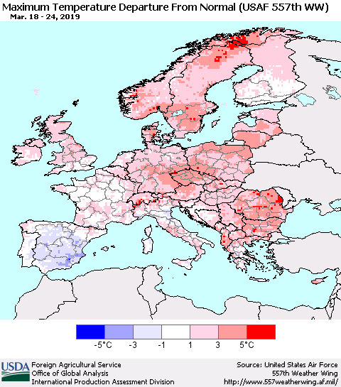 Europe Mean Maximum Temperature Departure from Normal (USAF 557th WW) Thematic Map For 3/18/2019 - 3/24/2019