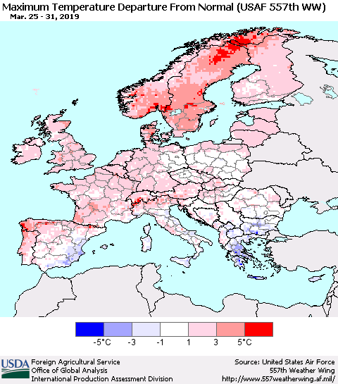 Europe Mean Maximum Temperature Departure from Normal (USAF 557th WW) Thematic Map For 3/25/2019 - 3/31/2019