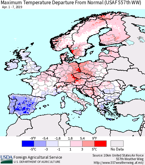 Europe Mean Maximum Temperature Departure from Normal (USAF 557th WW) Thematic Map For 4/1/2019 - 4/7/2019