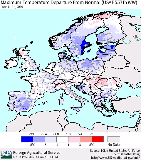 Europe Mean Maximum Temperature Departure from Normal (USAF 557th WW) Thematic Map For 4/8/2019 - 4/14/2019