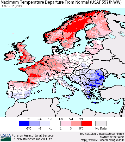 Europe Mean Maximum Temperature Departure from Normal (USAF 557th WW) Thematic Map For 4/15/2019 - 4/21/2019