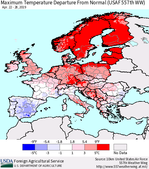 Europe Mean Maximum Temperature Departure from Normal (USAF 557th WW) Thematic Map For 4/22/2019 - 4/28/2019