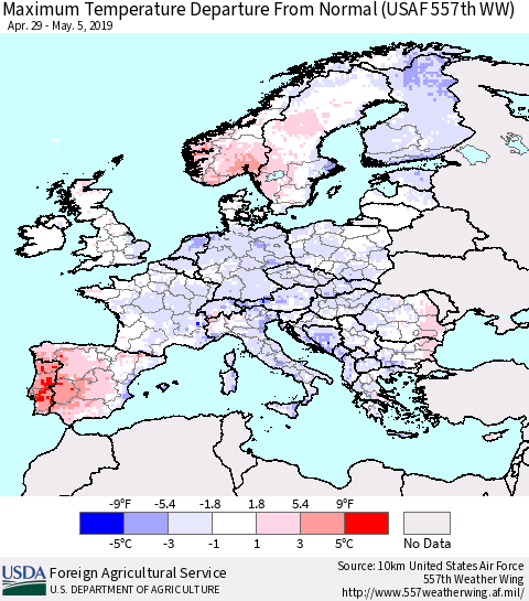 Europe Mean Maximum Temperature Departure from Normal (USAF 557th WW) Thematic Map For 4/29/2019 - 5/5/2019