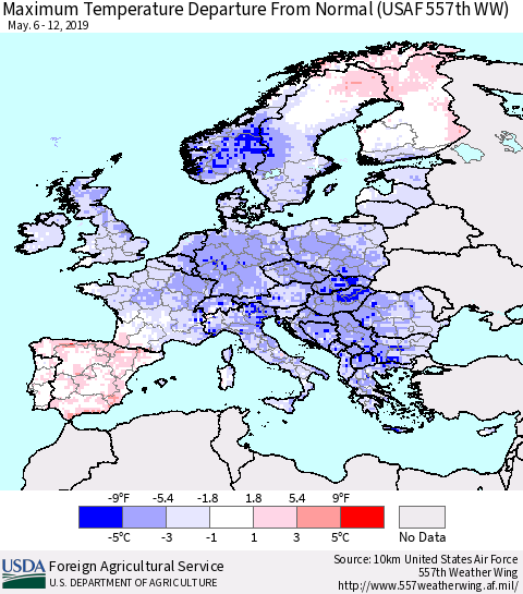 Europe Mean Maximum Temperature Departure from Normal (USAF 557th WW) Thematic Map For 5/6/2019 - 5/12/2019