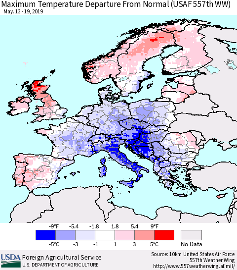 Europe Mean Maximum Temperature Departure from Normal (USAF 557th WW) Thematic Map For 5/13/2019 - 5/19/2019