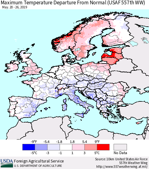 Europe Mean Maximum Temperature Departure from Normal (USAF 557th WW) Thematic Map For 5/20/2019 - 5/26/2019