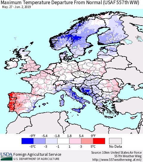 Europe Mean Maximum Temperature Departure from Normal (USAF 557th WW) Thematic Map For 5/27/2019 - 6/2/2019