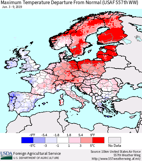 Europe Mean Maximum Temperature Departure from Normal (USAF 557th WW) Thematic Map For 6/3/2019 - 6/9/2019